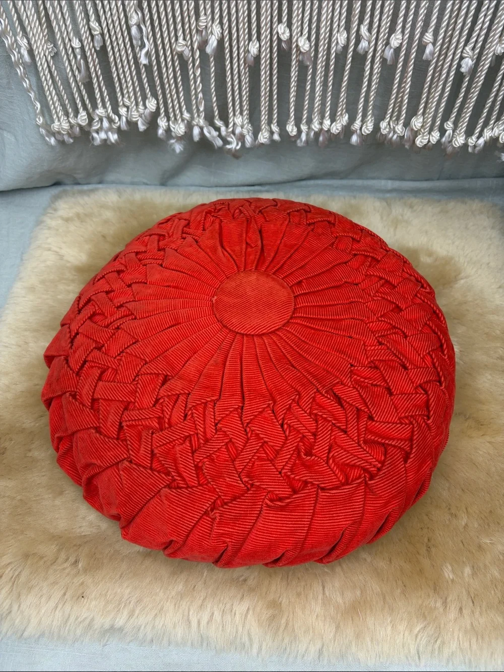 Vintage Round Pleated Corduroy Handmade Pillows - set of two | Tan & Orange